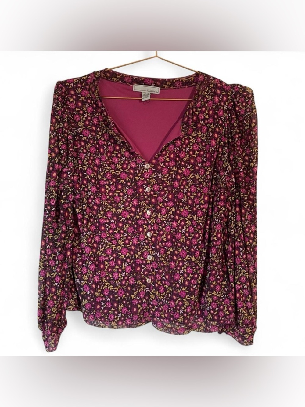 By Design Purple Floral Sheer Mesh Blouse – Romantic Button-Up Top (L)